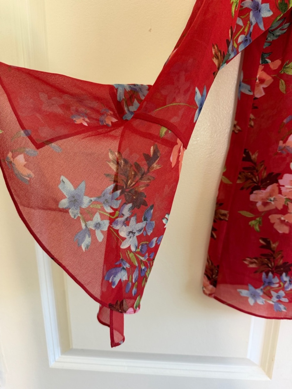 CAbi Red Floral V-Neck Bell Sleeve Blouse - Picture 2 of 5